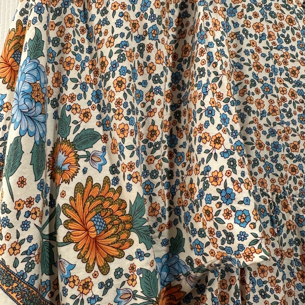Boho Floral Print Midi Dress with Puff Sleeves and Tie Neck - Cottagecore